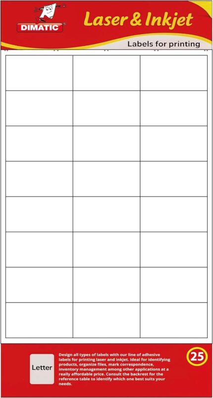 Etiquetas blancas permanentes, compatibles con impresoras láser y de inyección de tinta | 25 hojas de etiquetas cada una | Plantilla de impresión fácil incluida 600 | Referencia 72x35